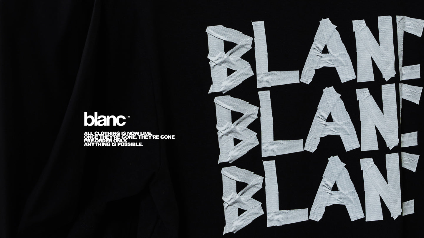 Black t-shirt with 'blanc' branding and text on a black background