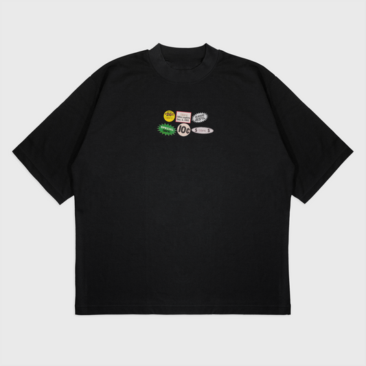 Oversize black short-sleeve t-shirt with a 'blanc' logo on the front as coupons.